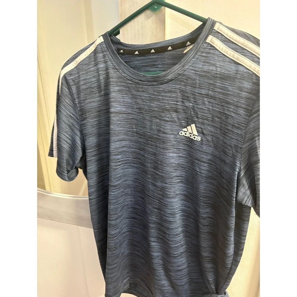 Adidas Boys Blue Space Dye Three Stripe Performance‎ Short Sleeve T-Shirt Kids